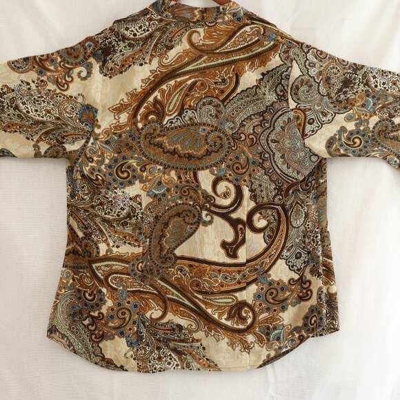 Women's Ruffle Top Paisley Blouse Brown Tan Chiffon Office Wear Dressy Casual - Picture 6 of 6